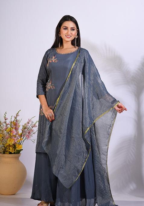 Grey Embroidered Pure Silk Palazzo Set