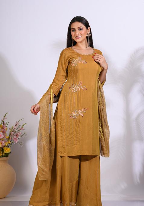 Mustard Embroidered Pure Silk Palazzo Set