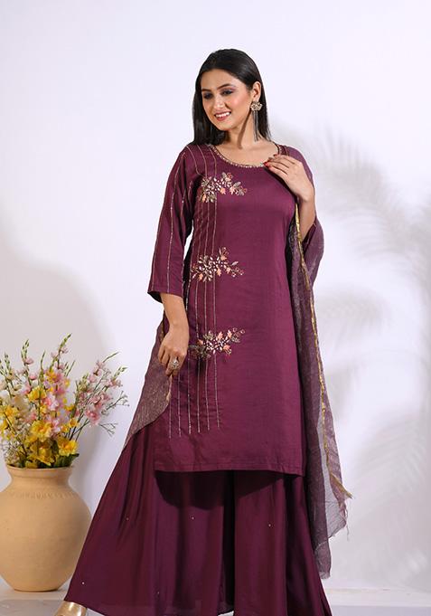 Maroon Embroidered Pure Silk Palazzo Set