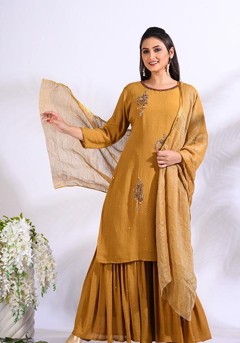 Mustard Embroidered Pure Silk Palazzo Set