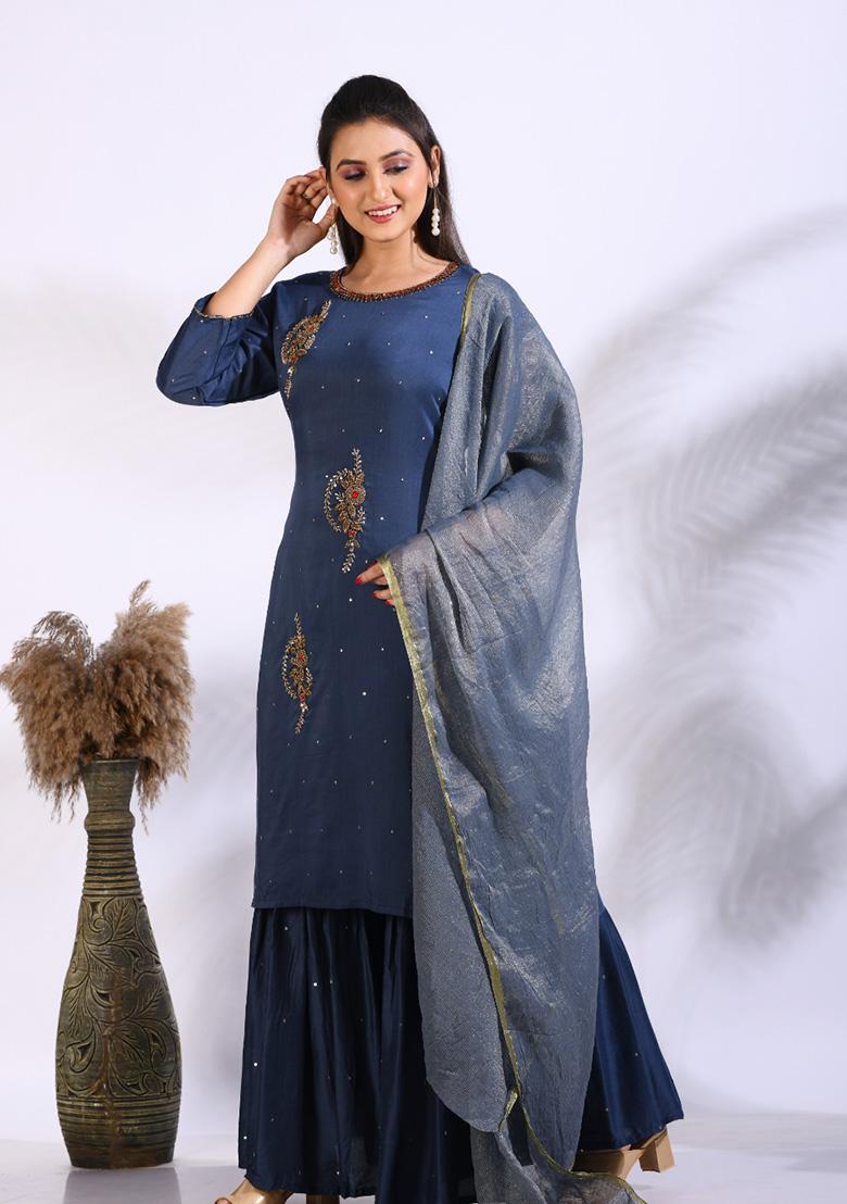 Blue Embroidered Pure Silk Palazzo Set - Indya