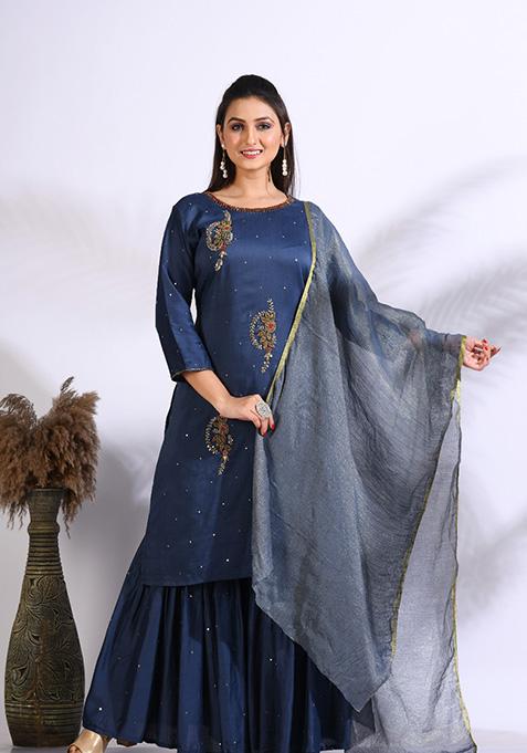 Blue Embroidered Pure Silk Palazzo Set