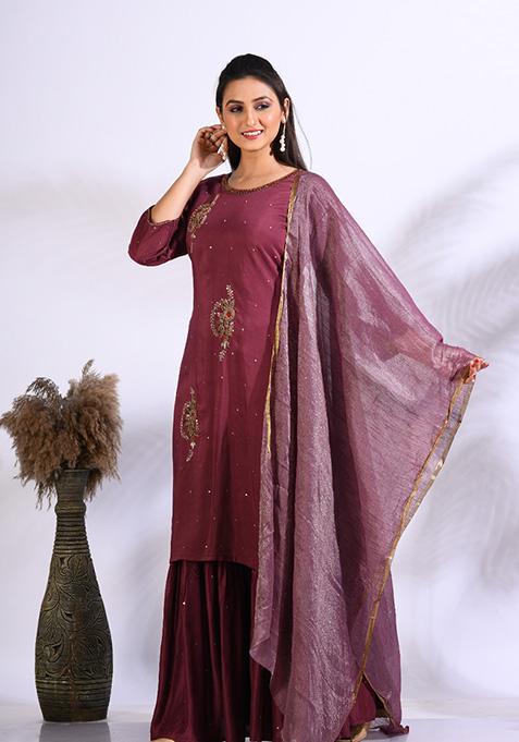 Maroon Embroidered Pure Silk Palazzo Set