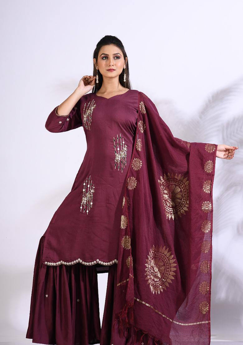 Maroon Embroidered Pure Silk Palazzo Set