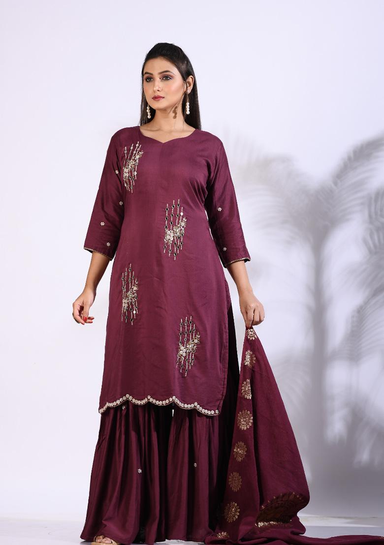 Maroon Embroidered Pure Silk Palazzo Set