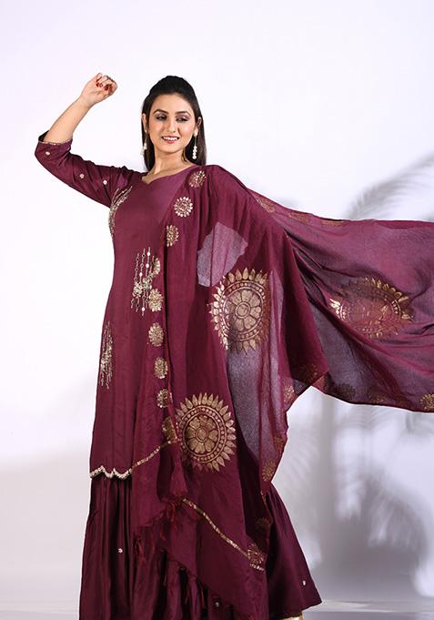 Maroon Embroidered Pure Silk Palazzo Set