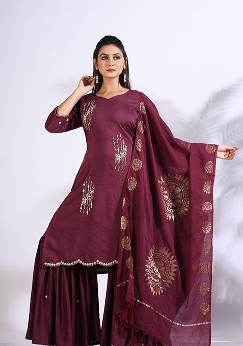 Maroon Embroidered Pure Silk Palazzo Set
