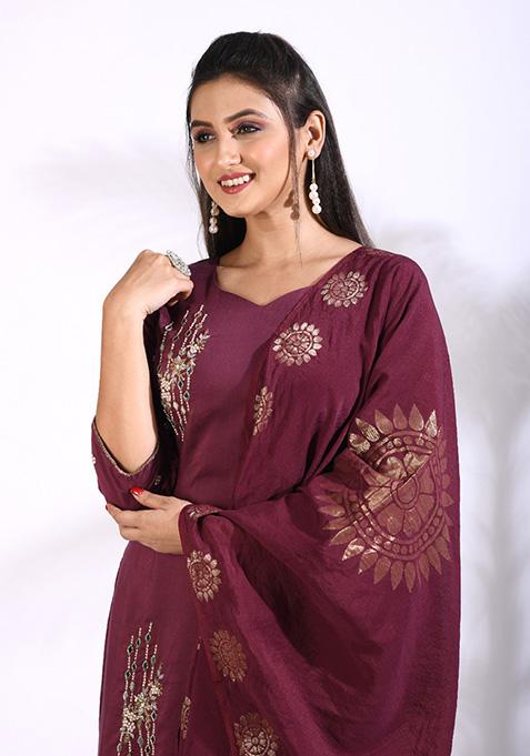 Maroon Embroidered Pure Silk Palazzo Set