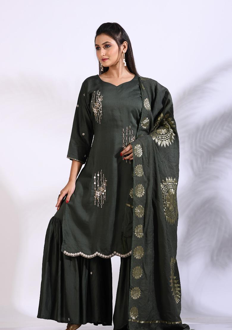 Green Embroidered Pure Silk Palazzo Set