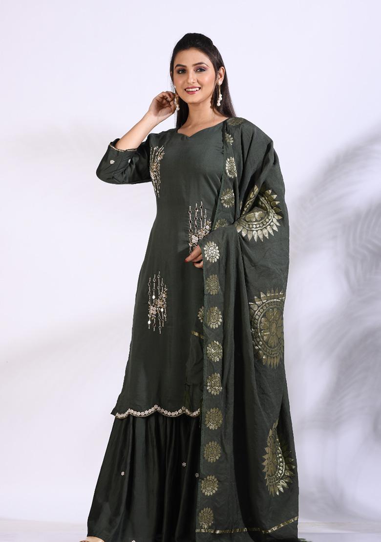 Green Embroidered Pure Silk Palazzo Set