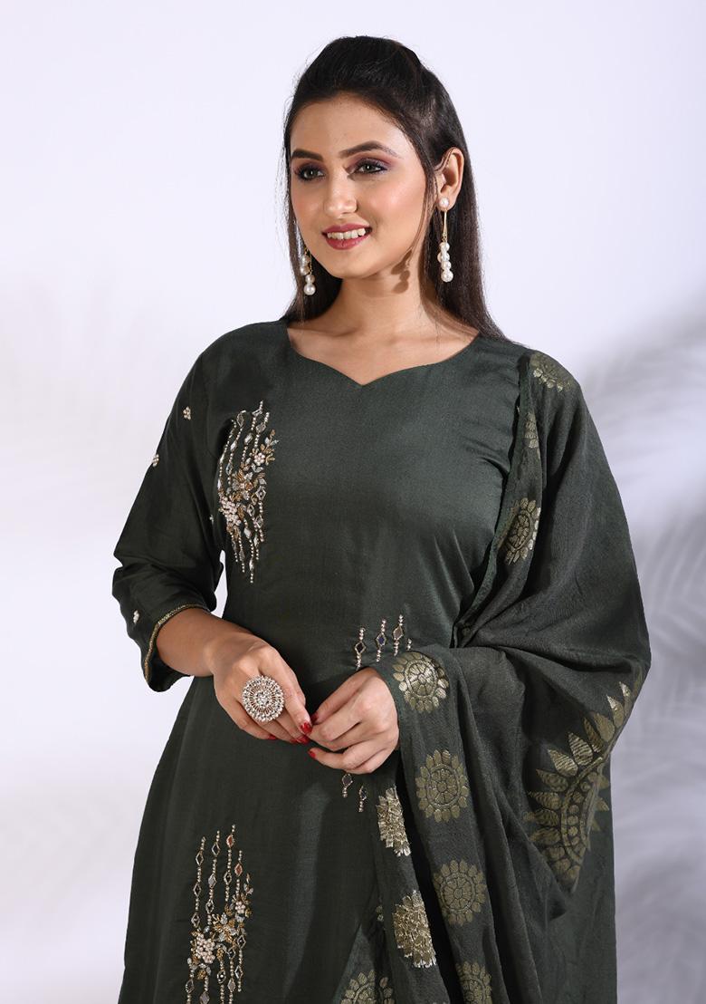 Green Embroidered Pure Silk Palazzo Set