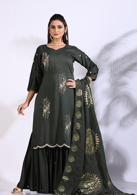 Green Embroidered Pure Silk Palazzo Set