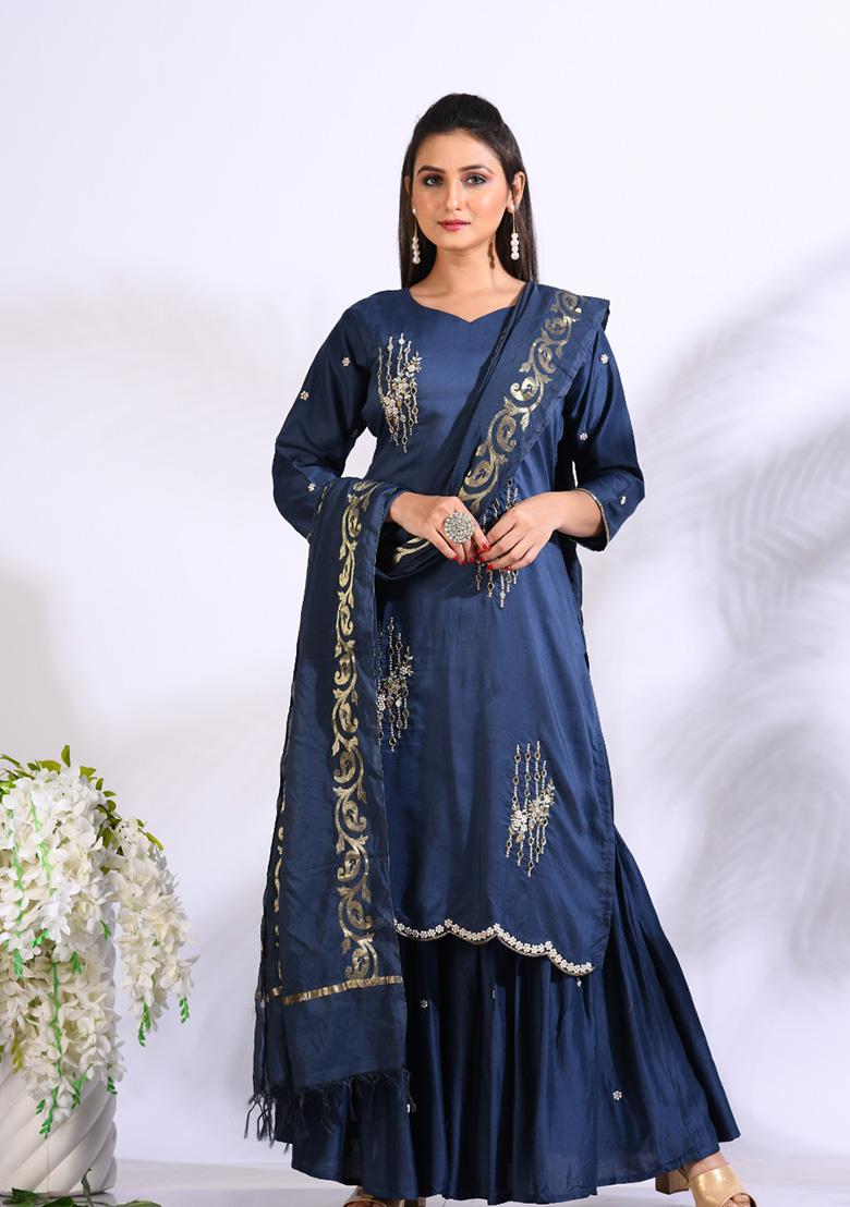 Blue Embroidered Pure Silk Palazzo Set