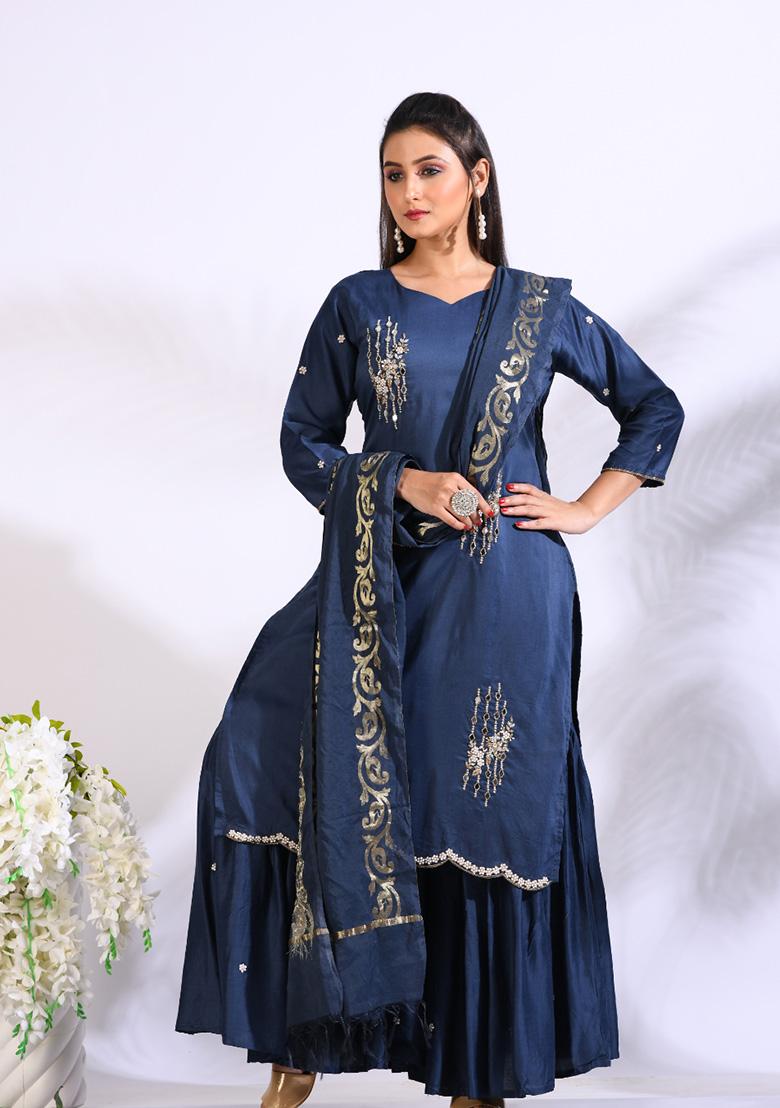 Blue Embroidered Pure Silk Palazzo Set