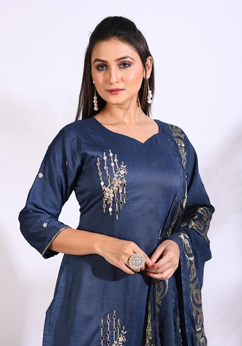 Blue Embroidered Pure Silk Palazzo Set
