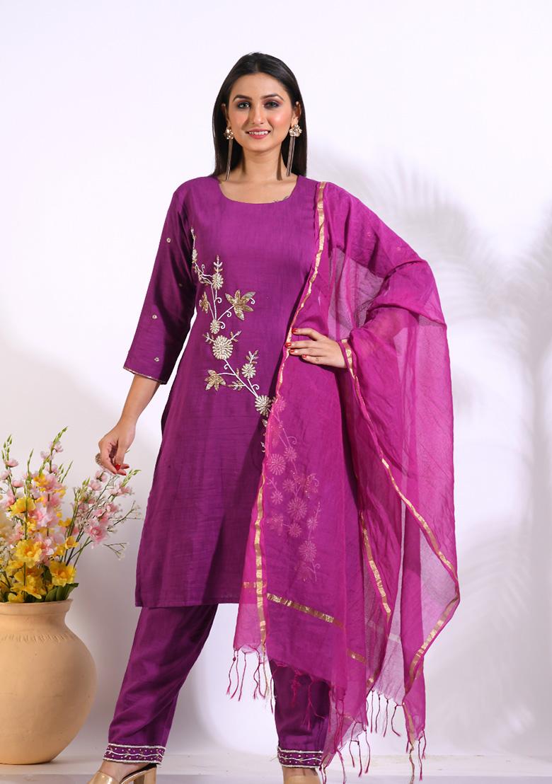 Purple Embroidered Linen Palazzo Set