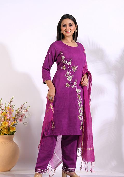 Purple Embroidered Linen Palazzo Set