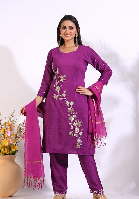 Purple Embroidered Linen Palazzo Set