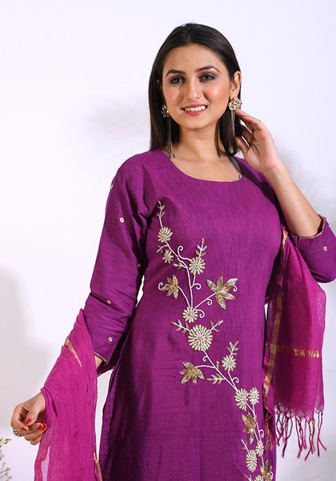 Purple Embroidered Linen Palazzo Set