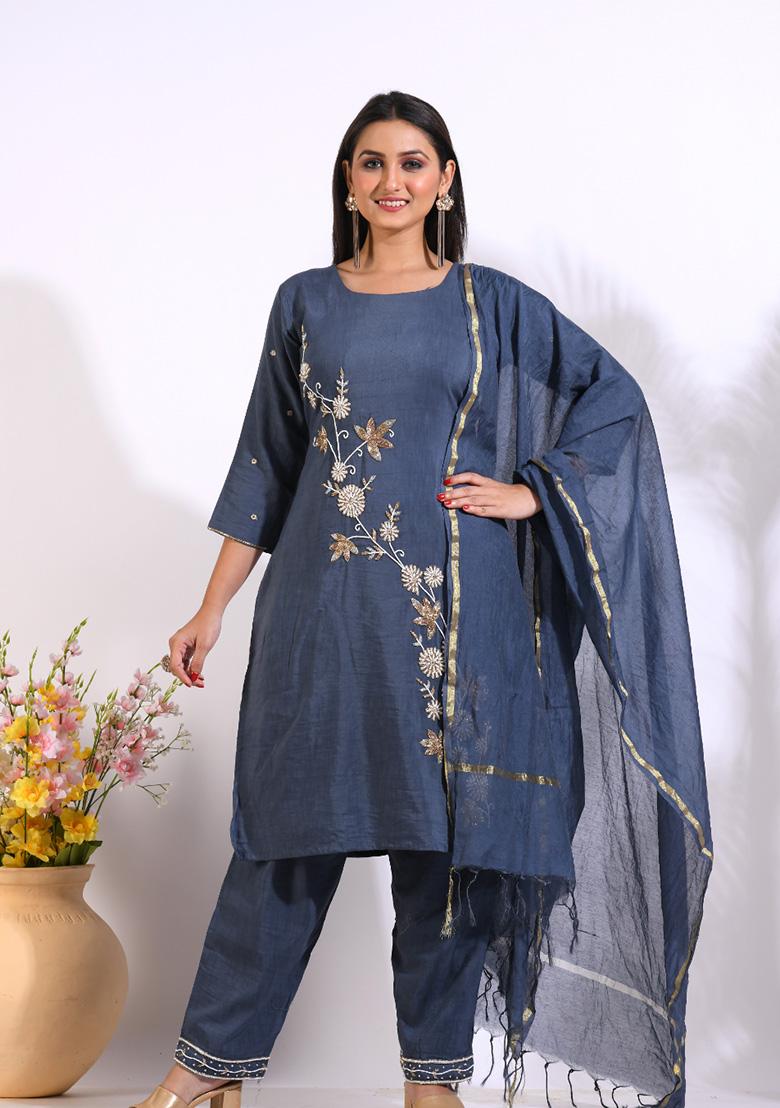 Grey Embroidered Linen Palazzo Set
