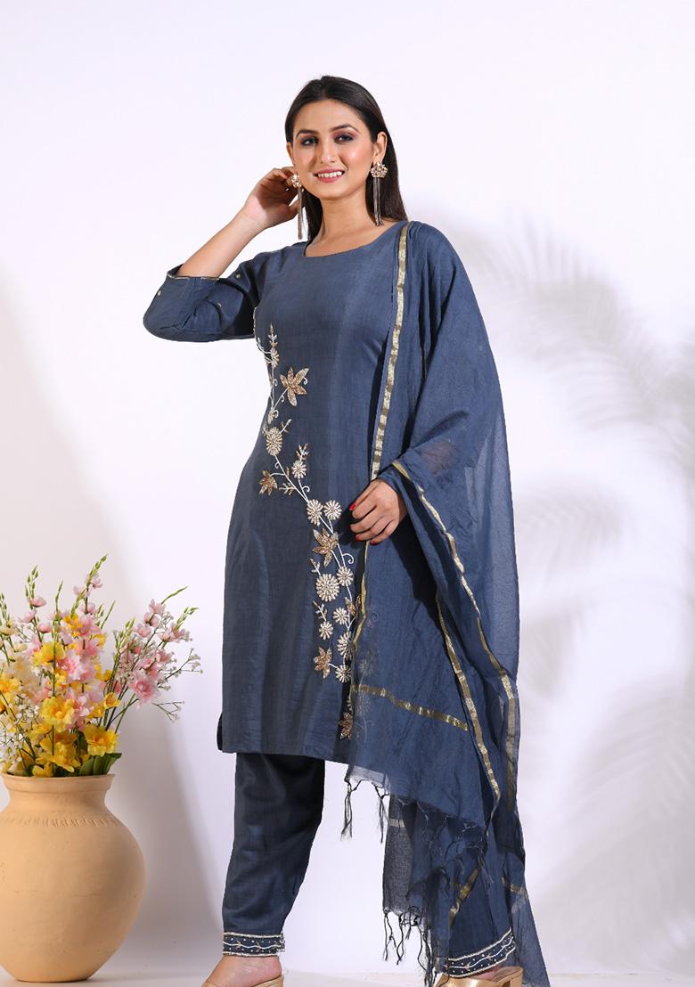 Grey Embroidered Linen Palazzo Set