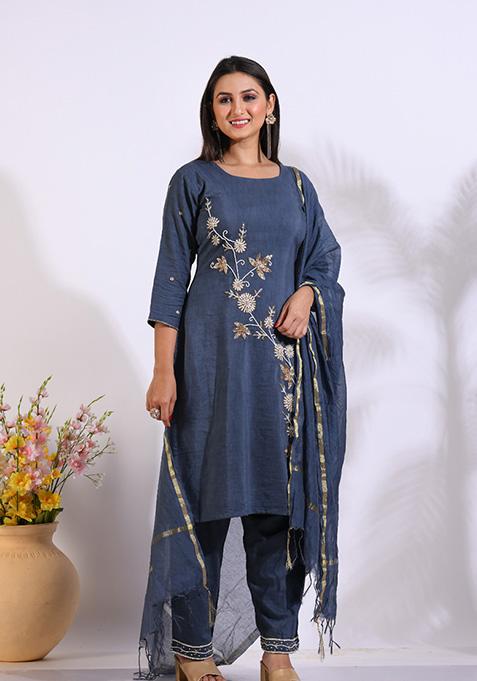 Grey Embroidered Linen Palazzo Set