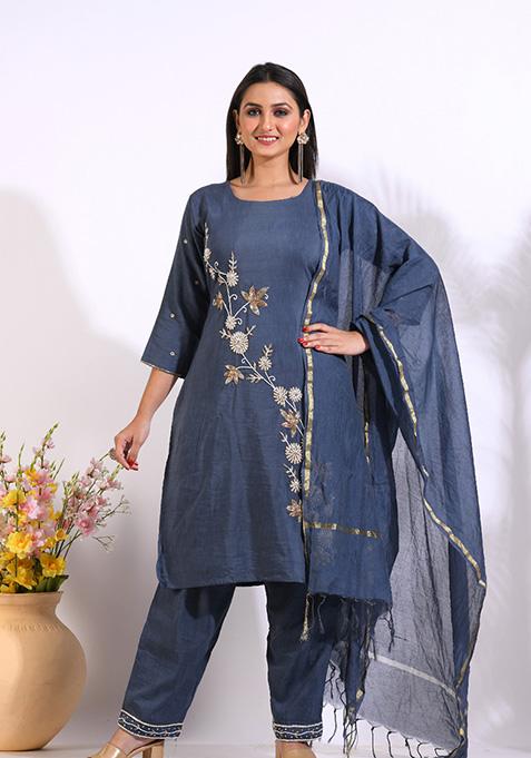 Grey Embroidered Linen Palazzo Set