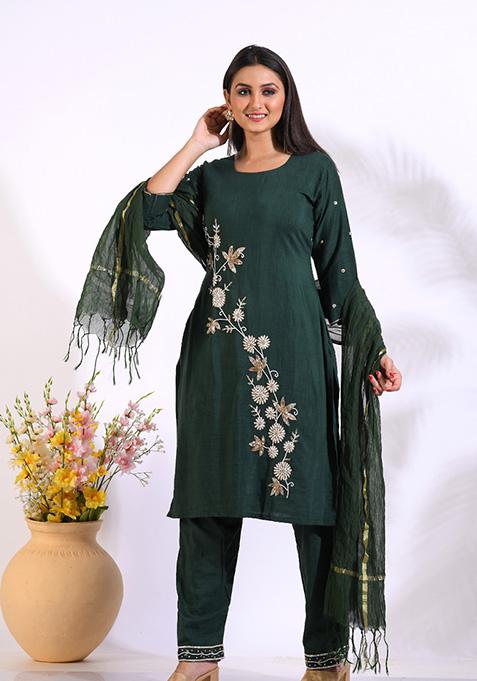 Green Embroidered Linen Palazzo Set