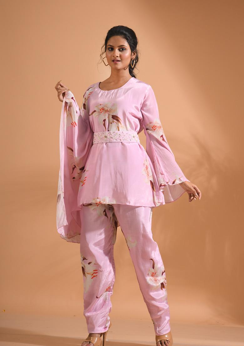 Grey Floral Print Crepe Co Ord Set - Indya