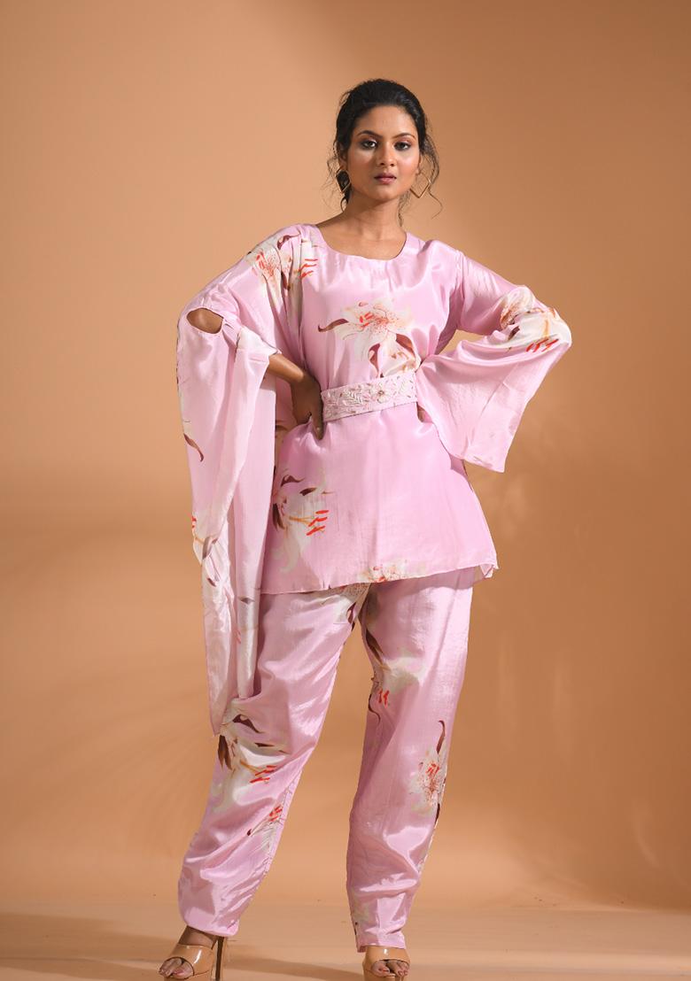 Grey Floral Print Crepe Co Ord Set - Indya