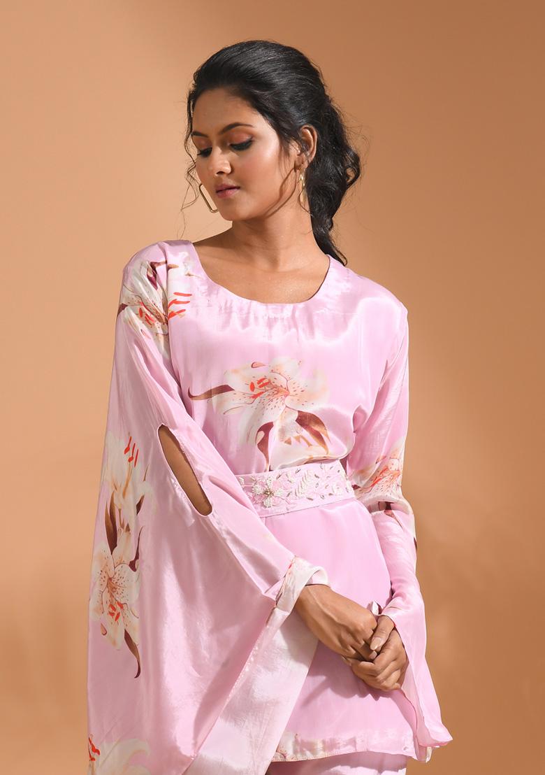 Grey Floral Print Crepe Co Ord Set - Indya