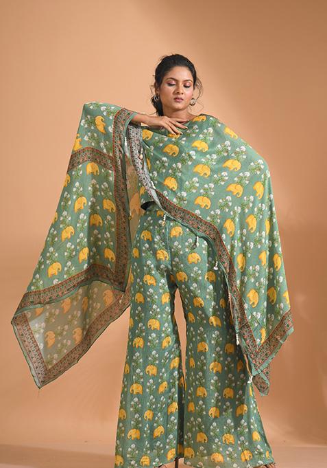 Green Embroidered Poly Chiffon Kurta Set