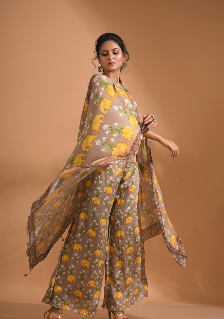 Beige Embroidered Poly Chiffon Kurta Set - Indya