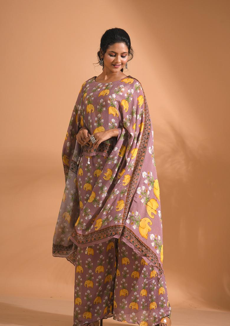 Blue Embroidered Poly Chiffon Kurta Set - Indya