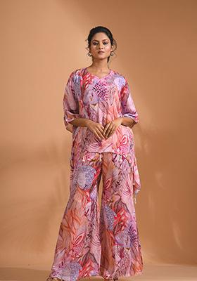 Multicolour Embroidered Poly Chiffon Kurta Set
