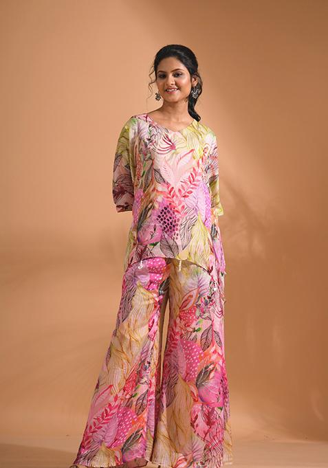 Multicolour Embroidered Poly Chiffon Kurta Set