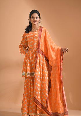 Orange Embroidered Poly Chiffon Sharara Set