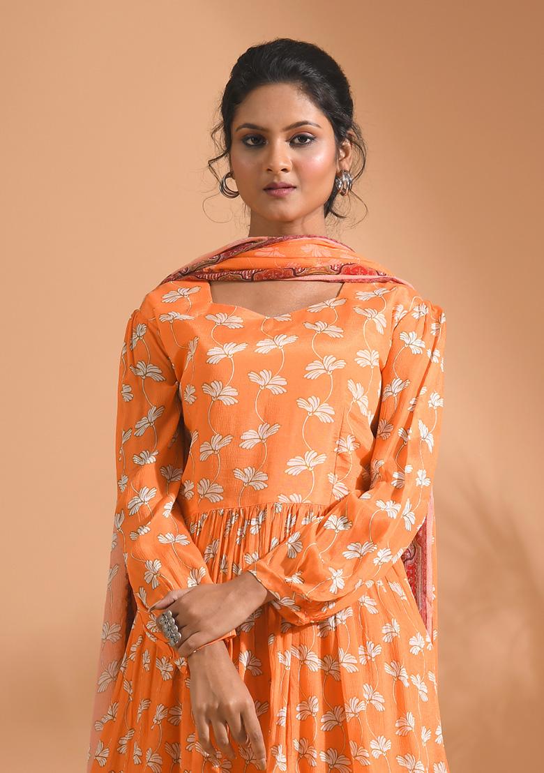 Orange Embroidered Poly Chiffon Sharara Set - Indya