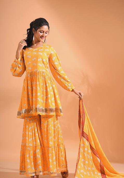 Yellow Embroidered Poly Chiffon Sharara Set