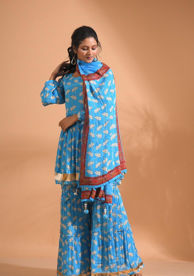 Blue Embroidered Poly Chiffon Sharara Set - Indya