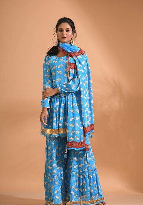 Blue Embroidered Poly Chiffon Sharara Set