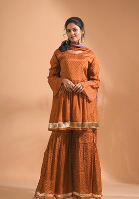 Mustard Embroidered Poly Chiffon Sharara Set