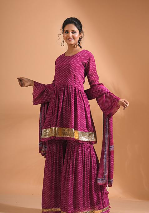 Purple Embroidered Poly Chiffon Sharara Set