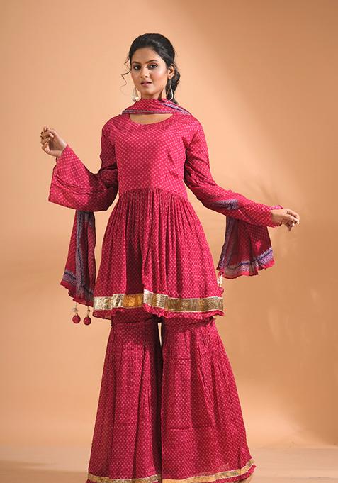 Pink Embroidered Poly Chiffon Sharara Set