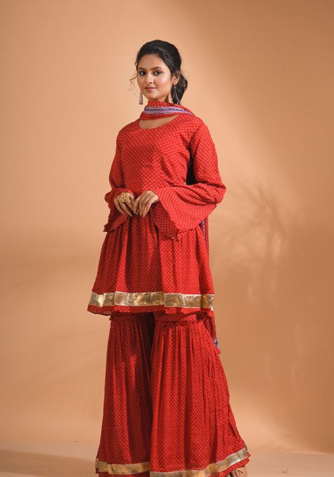 Red Embroidered Poly Chiffon Sharara Set