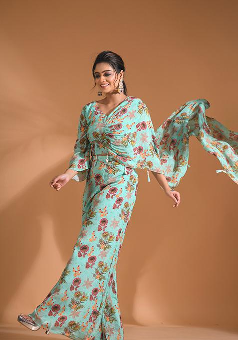 Blue Embroidered Pure Chiffon Kurta Set