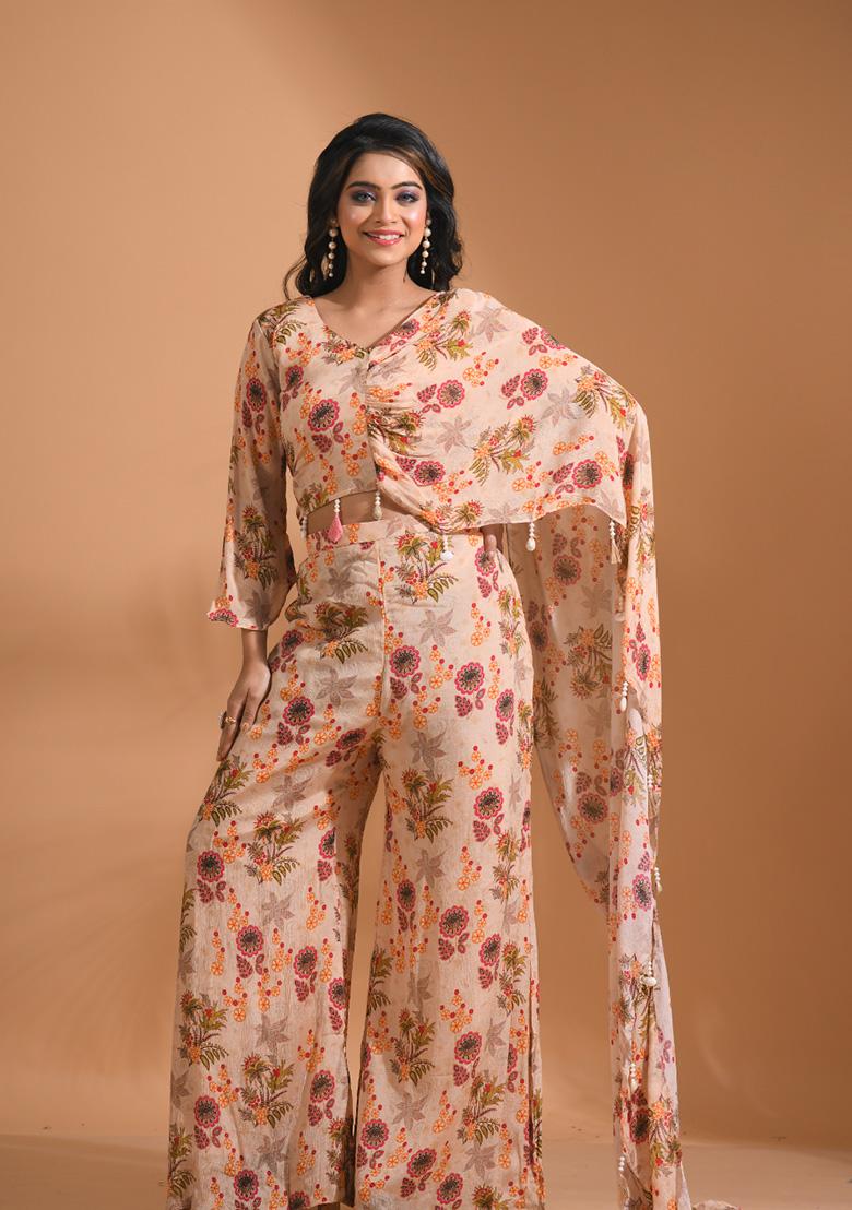 Pink Floral Print Chiffon Sharara Set - Indya