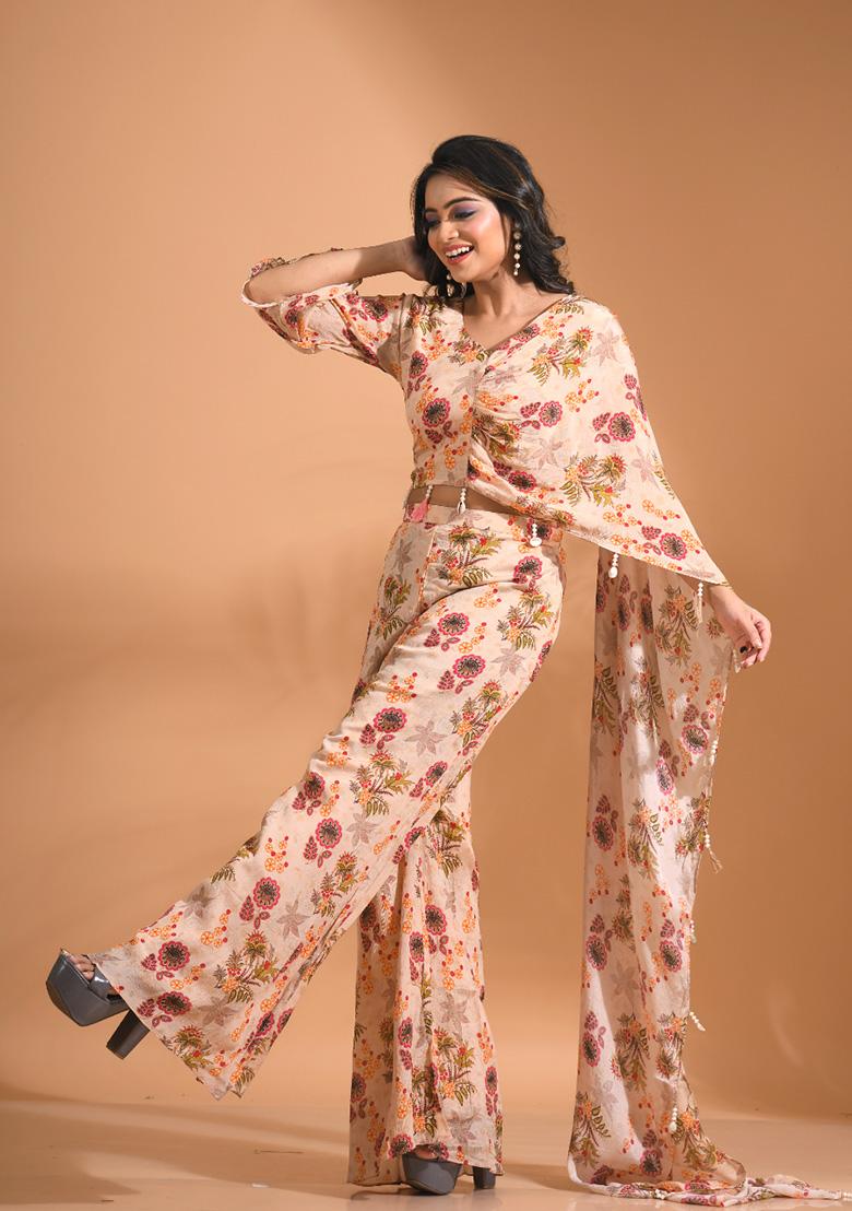 Pink Floral Print Chiffon Sharara Set - Indya