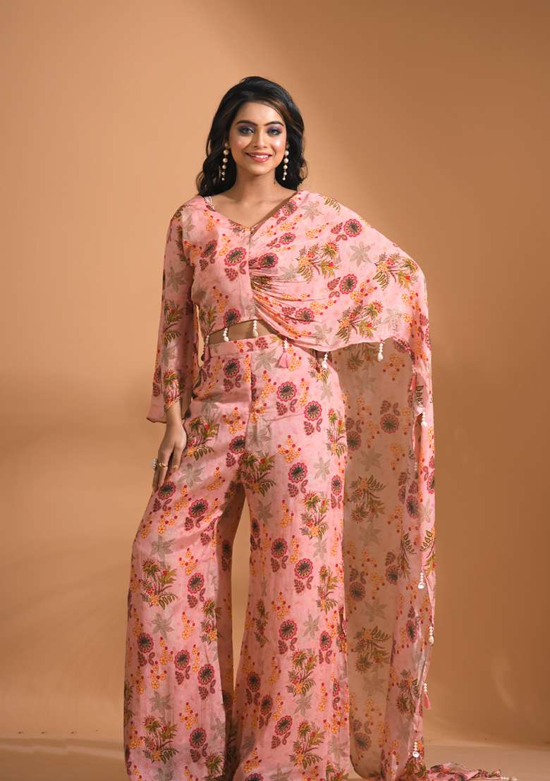Cream Floral Print Chiffon Sharara Set - Indya