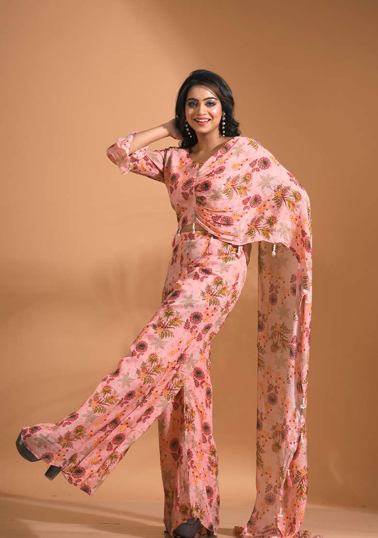 Cream Floral Print Chiffon Sharara Set - Indya